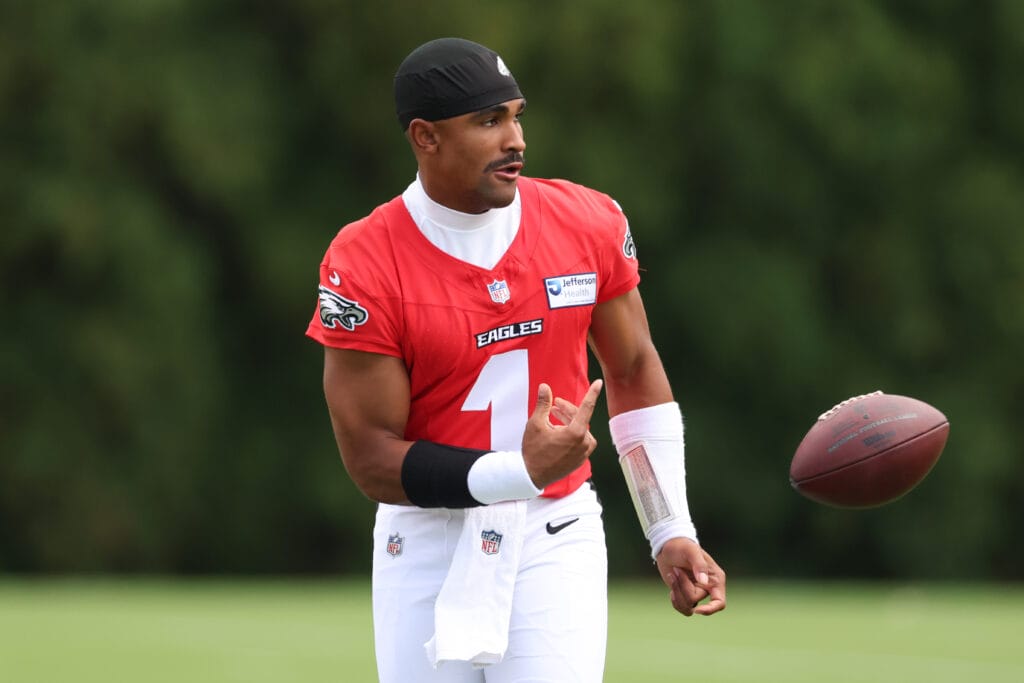 Eagles quarterback Jalen Hurts (1) during training camp at Jefferson Health Training Complex. Mandatory Credit: Bill Streicher-Imagn Images