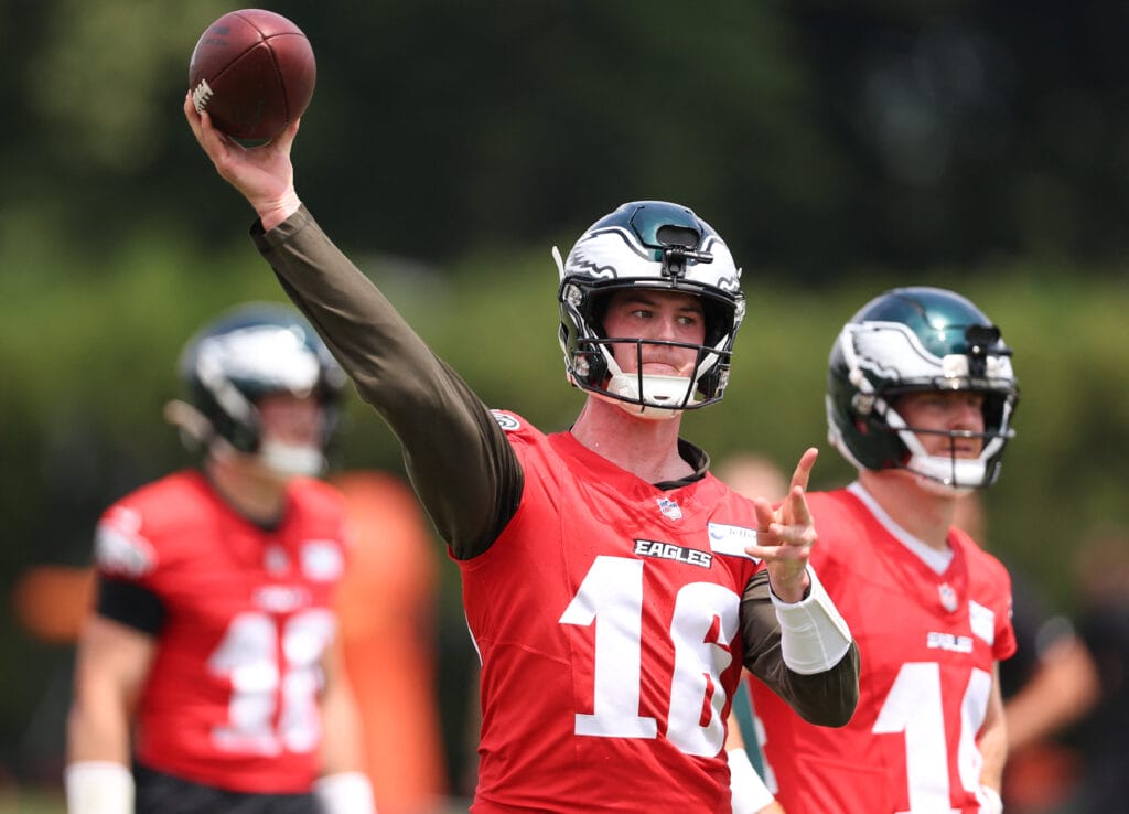 Eagles quarterback Tanner McKee (16) passes the ball during minicamp at Jefferson Health Training Complex. Mandatory Credit: Bill Streicher-Imagn Images