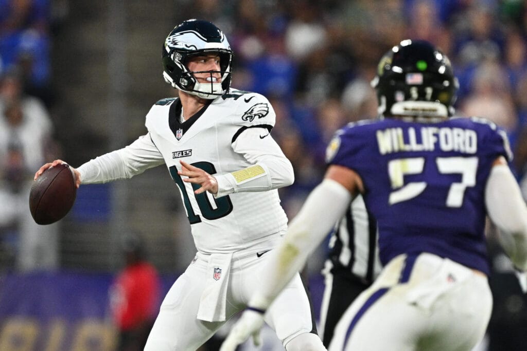 Eagles quarterback Tanner McKee (16) passes in the second quarter against the Baltimore Ravens at M&T Bank Stadium. Mandatory Credit: Jamie Sabau-Imagn Images