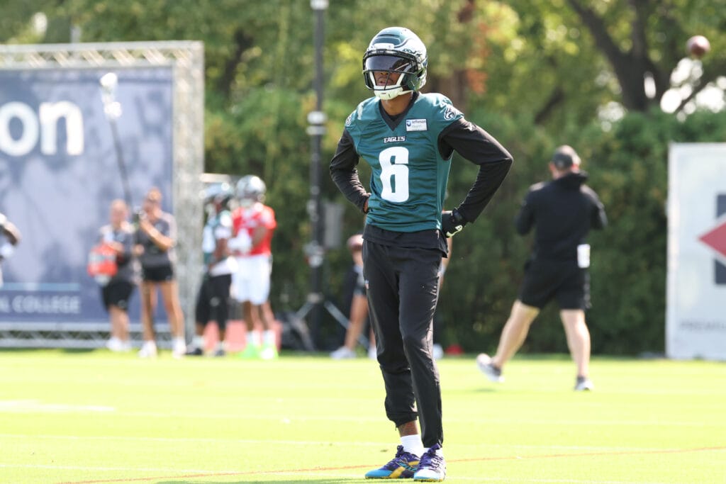 Eagles wide receiver DeVonta Smith (6) looks on during training camp at Jefferson Health Training Complex. Mandatory Credit: Bill Streicher-Imagn Images
