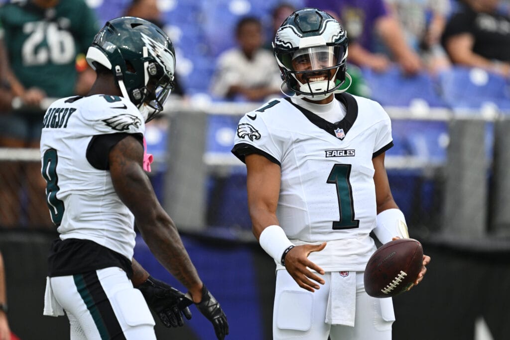 Eagles quarterback Jalen Hurts (1) warms up before a preseason game against the Baltimore Ravens at M&T Bank Stadium. Mandatory Credit: Jamie Sabau-Imagn Images