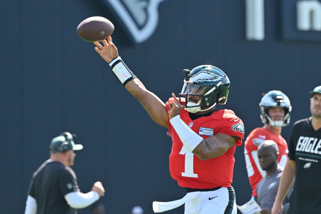 Eagles quarterback Jalen Hurts (1) throws a pass during training camp at Gillette Stadium. Mandatory Credit: Eric Canha-Imagn Images