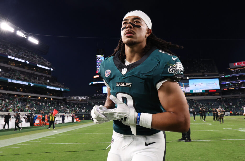 Eagles wide receiver Makai Lemon (9) runs off the field after the game against the Washington Commanders at Lincoln Financial Field. Mandatory Credit: Bill Streicher-Imagn Images