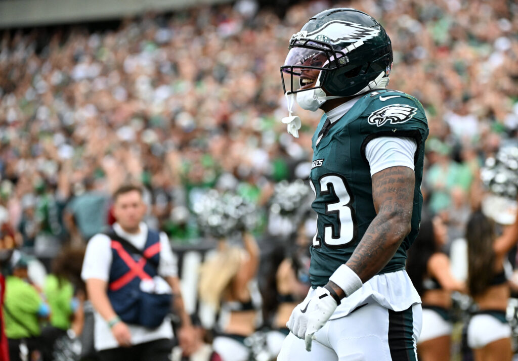 Eagles wide receiver Dontayvion Wicks (13) celebrates after scoring a touchdown against the Washington Commanders during the first half at Lincoln Financial Field. Mandatory Credit: Eric Hartline-Imagn Images