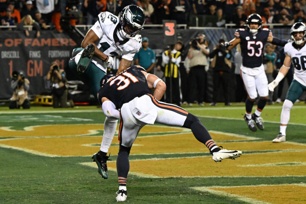 Sep 28, 2026; Chicago, Illinois, USA; Chicago Bears safety Dillon Thieneman (31) intercepts the ball against Philadelphia Eagles wide receiver Dontayvion Wicks (13) during the first half at Soldier Field. Mandatory Credit: Matt Marton-Imagn Images