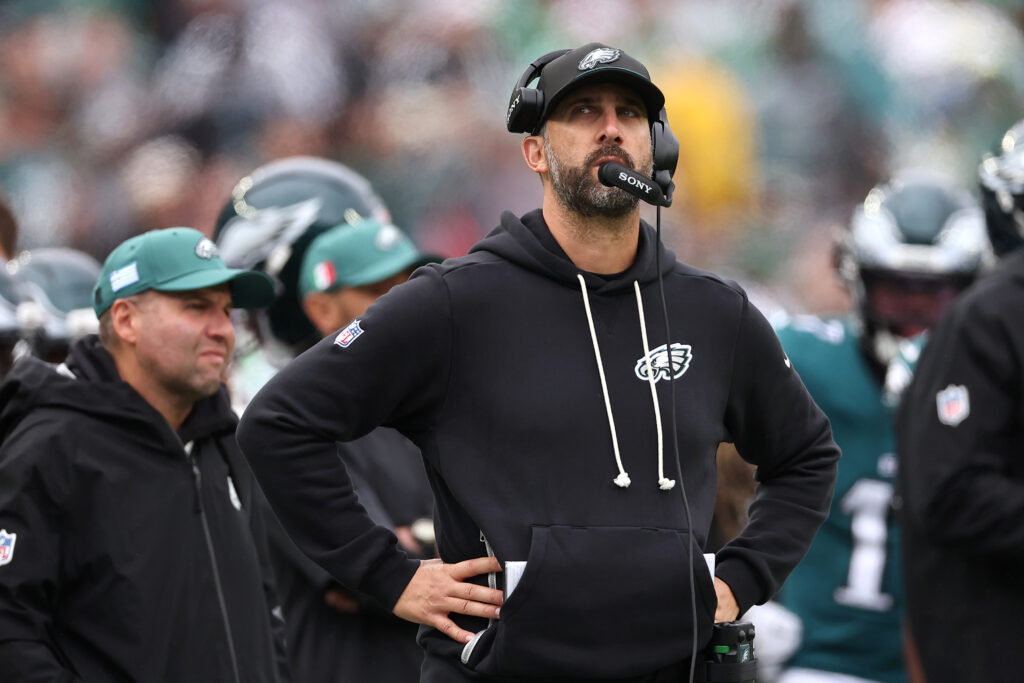 Oct 4, 2026; Philadelphia, Pennsylvania, USA; Philadelphia Eagles head coach Nick Sirianni looks up at the scoreboard against the Los Angeles Rams during the second half at Lincoln Financial Field. Mandatory Credit: Bill Streicher-Imagn Images