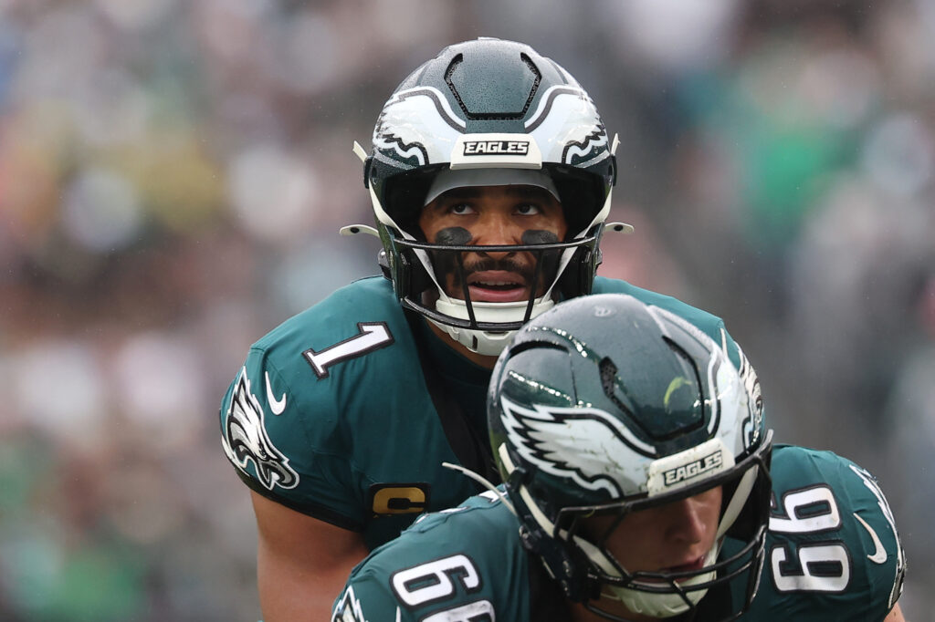 Eagles quarterback Jalen Hurts (1) prepares to snap the ball against the Los Angeles Rams during the second half at Lincoln Financial Field. Mandatory Credit: Bill Streicher-Imagn Images