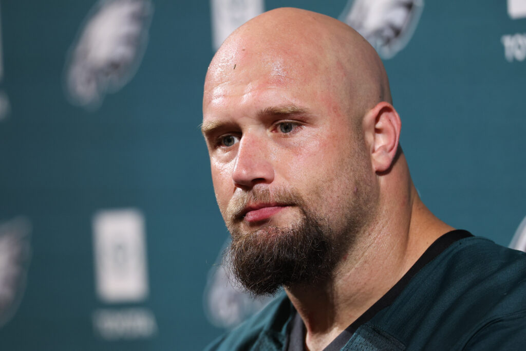 Eagles offensive tackle Lane Johnson (65) speaks with the media at Jefferson Health Training Complex. Mandatory Credit: Bill Streicher-Imagn Images