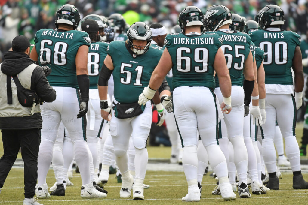 Eagles center Cam Jurgens (51) during the player introductions against the Washington Commanders in the NFC Championship game at Lincoln Financial Field. Mandatory Credit: Eric Hartline-Imagn Images
